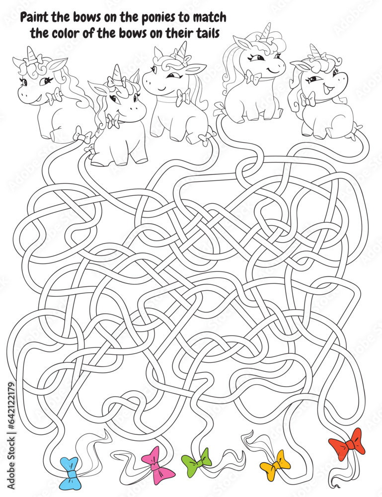 Children logic game to pass maze. Paint the bows on the ponies to match the color of the bows on their tails. Educational game for kids. Attention task. Choose right path. Funny cartoon character