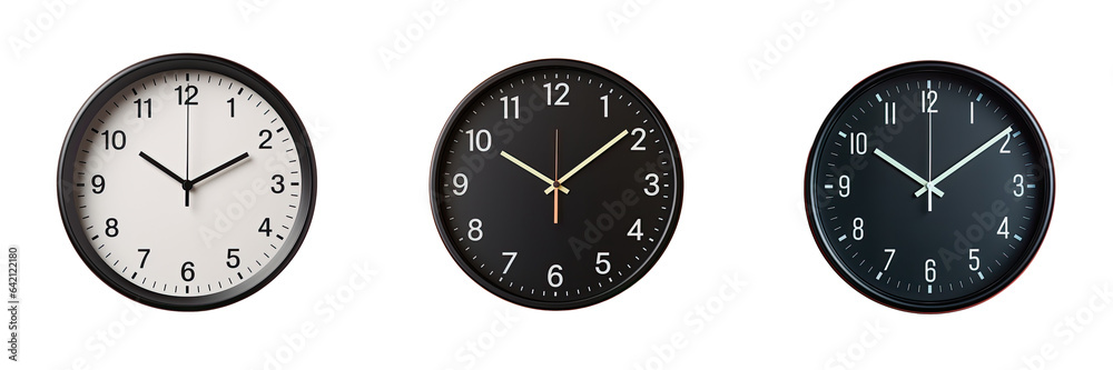Black wall clock isolated on a transparent background showing eleven o clock Black wall clock isolated on a transparent background showing eleven o clock