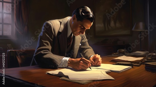 Businessman working in office under lamp shining