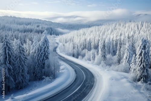 Winding snow-covered roads through tranquil woods. Concept of winter nature scene and frosty travel.