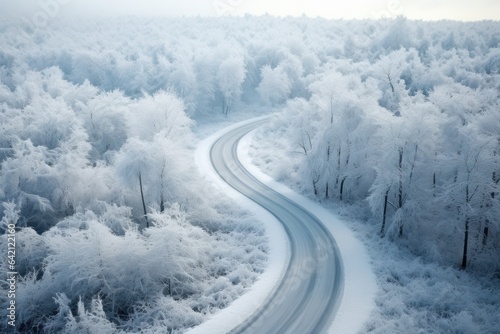 Frozen forest lanes under snowy skies  serene winter landscape. Concept of calm countryside and icy travel. © Postproduction
