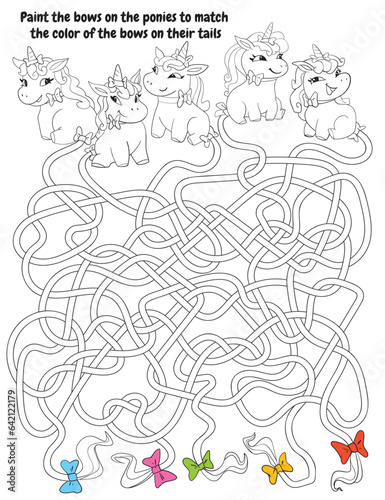 Children logic game to pass maze. Paint the bows on the ponies to match the color of the bows on their tails. Educational game for kids. Attention task. Choose right path. Funny cartoon character