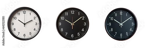 Black wall clock isolated on a transparent background showing eleven o clock