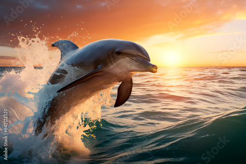 A dolphin jumps out of the water against the background of the sunset. Portrait of an animal in its environment © Uliana