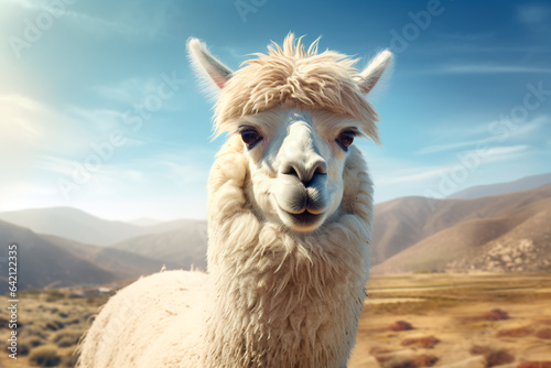 Beautiful alpaca in the mountains. Portrait of an animal in its environment