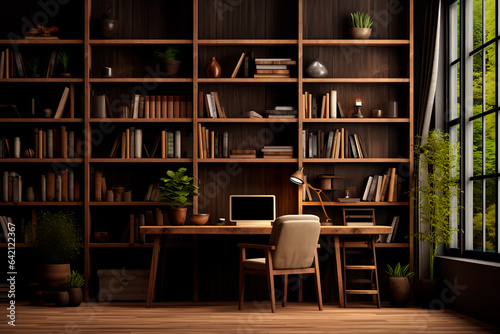 A very cozy home office with a desk and bookshelves, green plants. Harmony in work