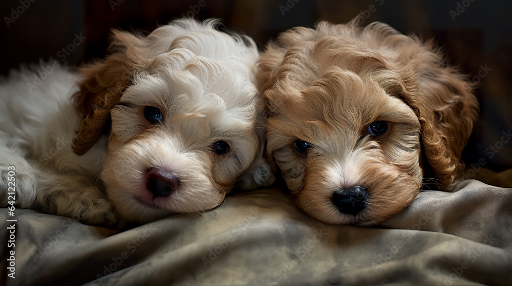 Puppies sitting in a basket. cute adorable pets puppies. Animal care. Love and friendship.