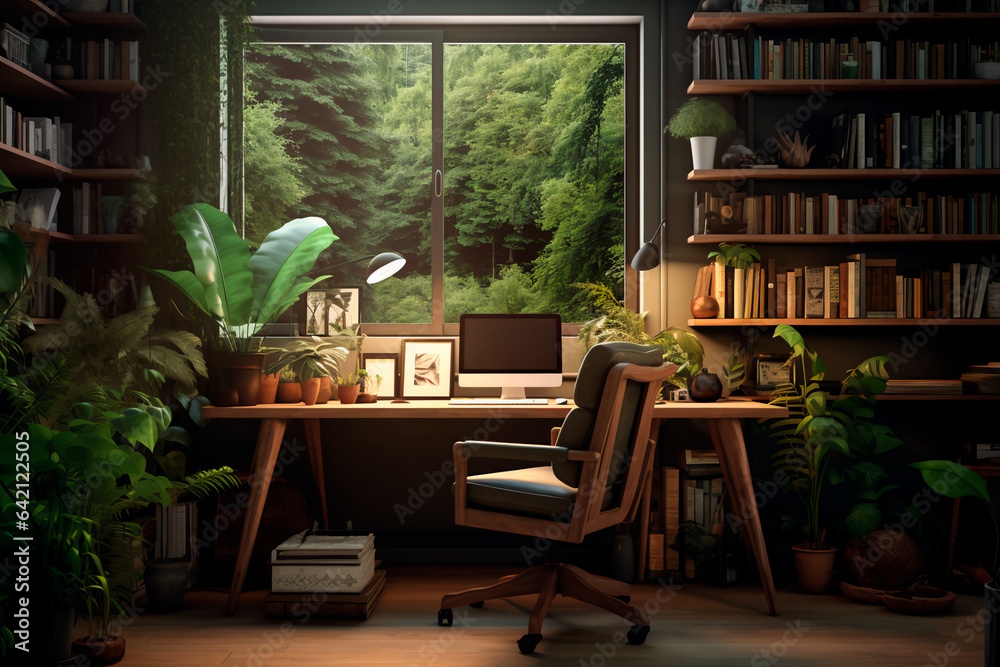 Fototapeta premium A very cozy home office with a desk and bookshelves, green plants. Harmony in work