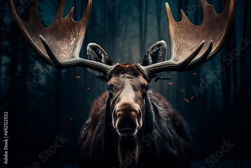 Moose in the forest. Animal in the natural environment. Portrait of a moose with big horns. photo