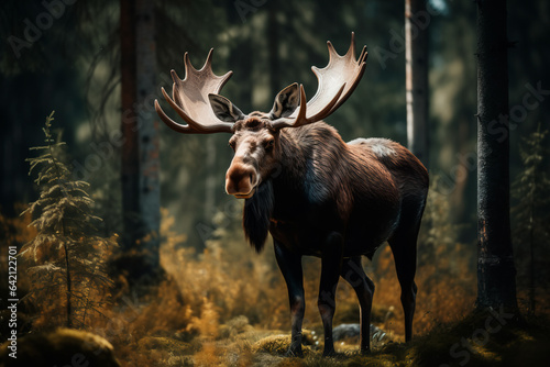 Moose in the forest. Animal in the natural environment. Portrait of a moose with big horns.