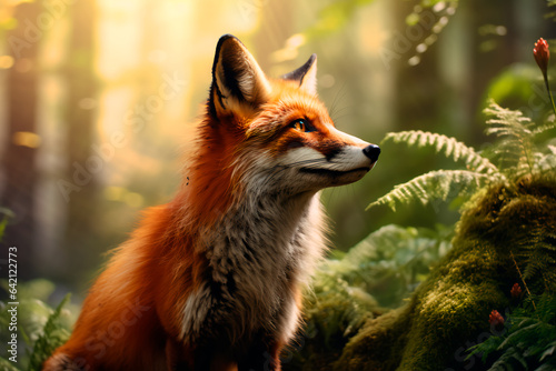 Beautiful fox in the forest. Animal in the natural environment. Portrait of a fox