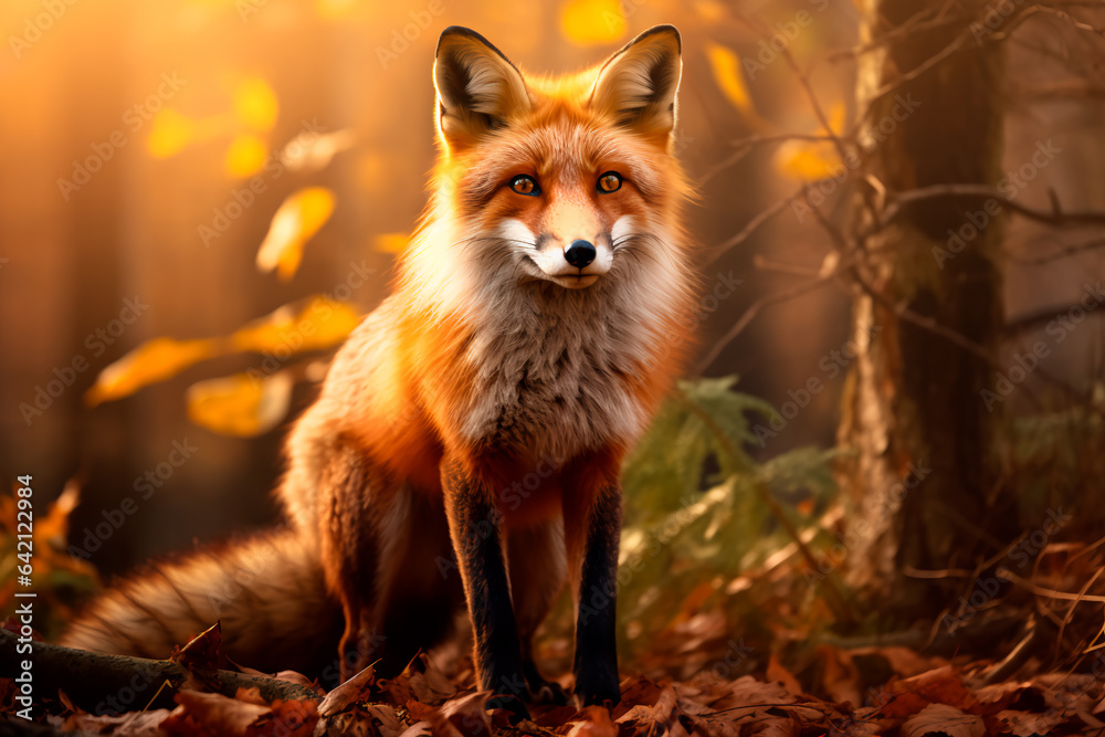 Beautiful fox in the forest. Animal in the natural environment. Portrait of a fox Beautiful fox in the forest. Animal in the natural environment. Portrait of a fox