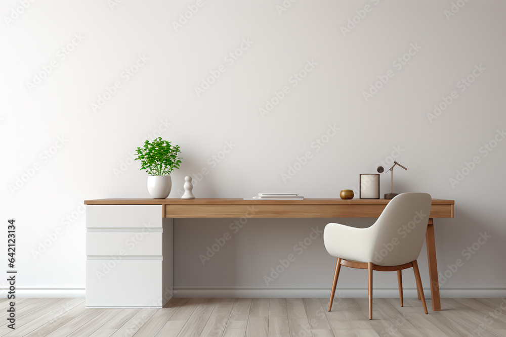 Fototapeta premium Minimalist home office. A desk with a computer and an armchair. Harmony in work