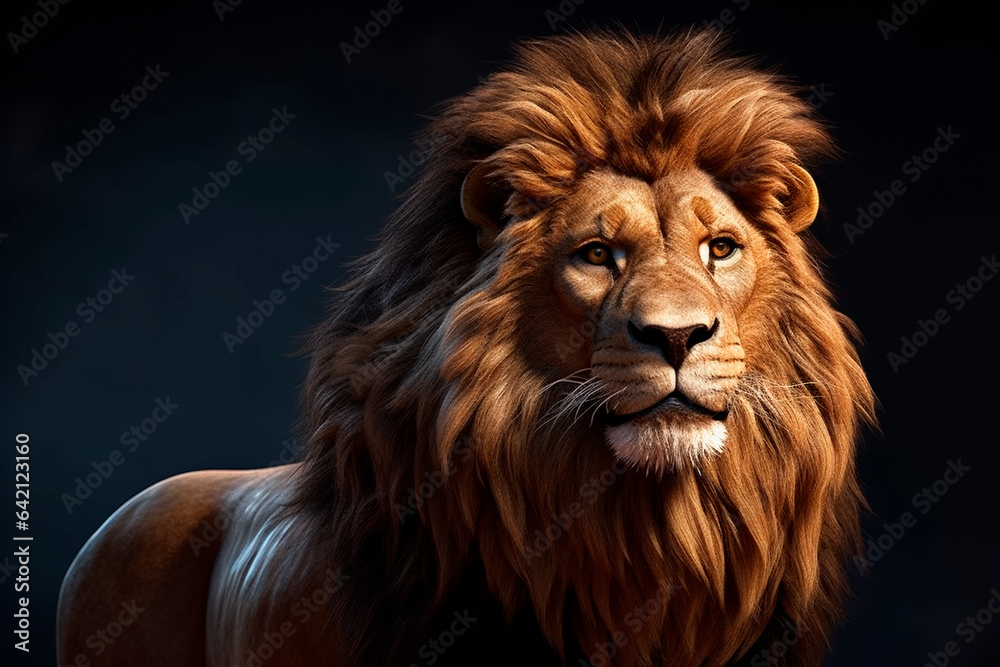 Fototapeta premium A beautiful Lion with a big mane in the savannah. Portrait of an animal. King of animals.