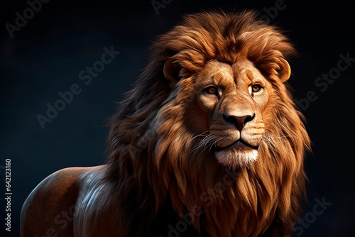 A beautiful Lion with a big mane in the savannah. Portrait of an animal. King of animals.