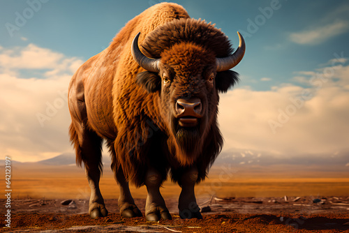 Bison on the field. Animal in the natural environment. Portrait of a beautiful bison. © Uliana