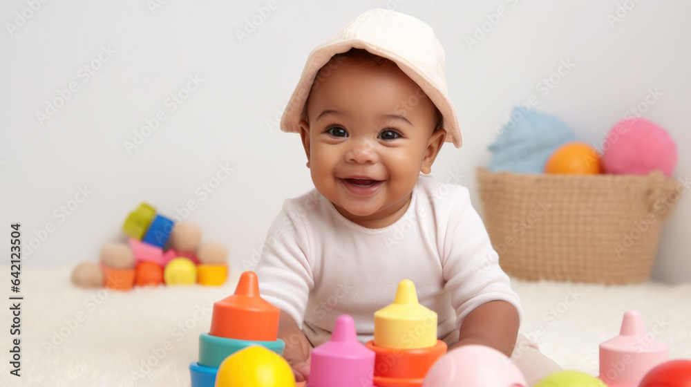Smiling cute infant surrounded by toys in a bright studio. Generative AI Smiling cute infant surrounded by toys in a bright studio. Generative AI