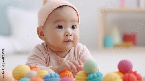 Joyful baby poses with colorful toys. Generative AI