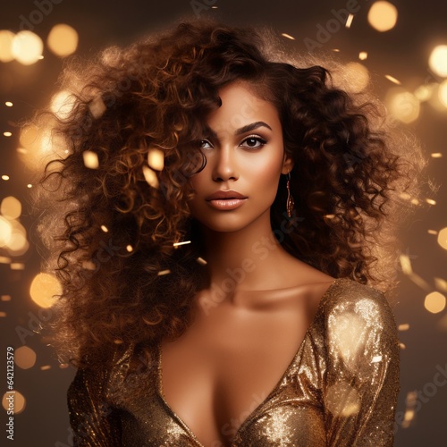 Fashion woman or Model with curly hair looking at camera in gold glitter flares  blurry background  