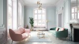 interior, living room in a victorian architectural style, clean modern design featuring pastel color scheme, beautiful light, bright room, high quality, 16:9