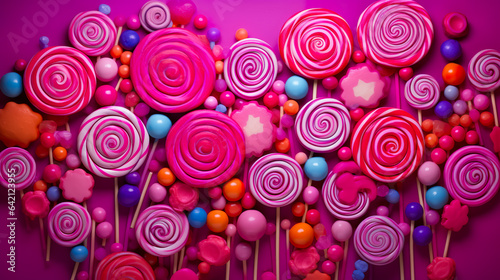 lollipops and different colored round candy. Colorful sweets.