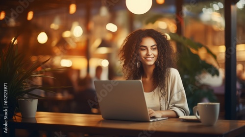 young woman working on laptop in cafe at table, looking to camera, blurry background, 16:9