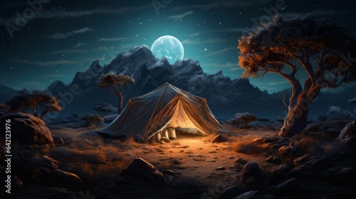 Illuminated tent in solitude, concept: hiking, freedom, 16:9, copy space
