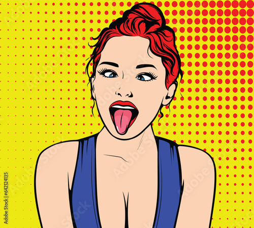 Pop Art female face. Closeup photo of funny attractive sexy young red hair lady woman. Funny girlish stick tongue mouth playful mood look Crossed Eyes Strabismus. Retro Vintage Pop Art Comic Book