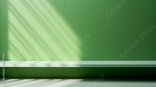 minimal abstrac light, blurry green background ,modern office, shadow und light from windows on wall , high quality, 16:9 format, for product placement