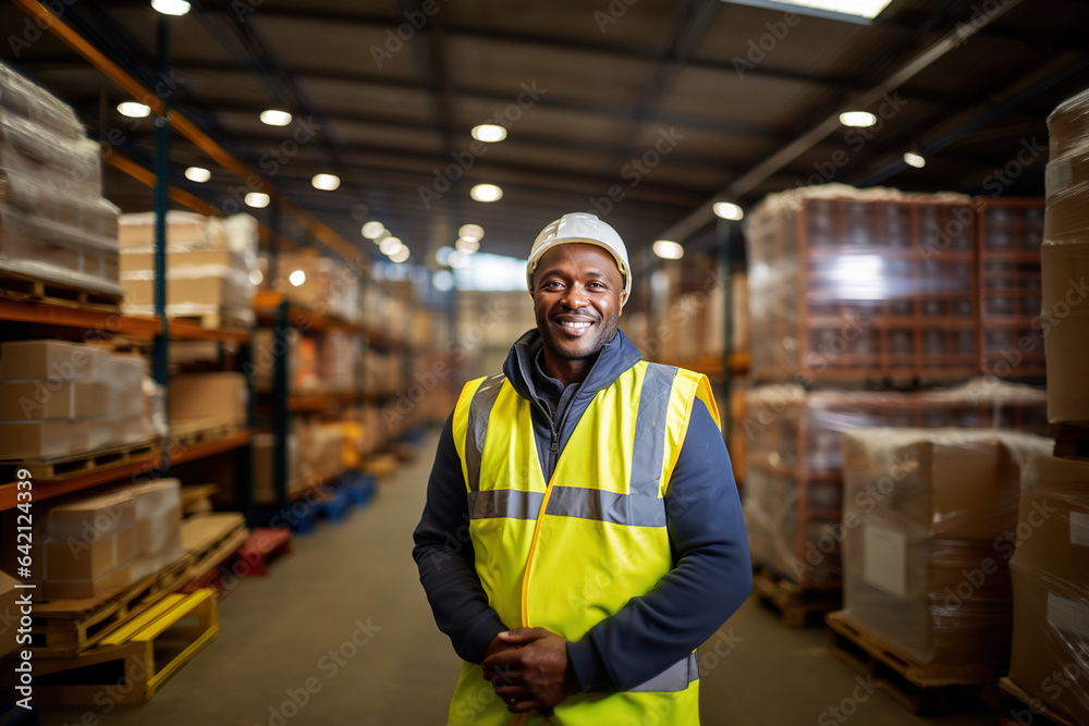 A smiling African American stands in front of a warehouse A smiling African American stands in front of a warehouse