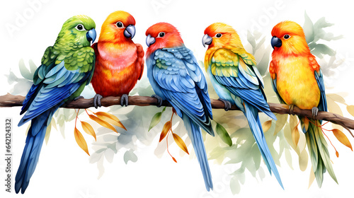 Cute watercolor birds on branch of tree isolated on transparent background