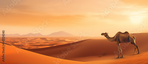 sandy desert on contrast with blue sky  and camel