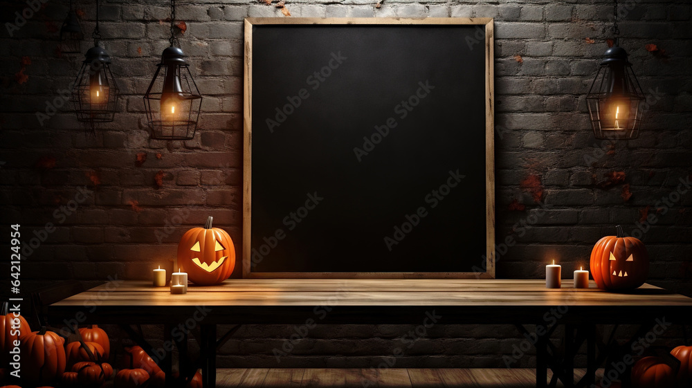 Halloween Vertical Blank Picture Frame Mockup, Party Invitation Card, Holiday Background with Pumpkin Jack o Lanterns, Candles on a Rustic Wooden Table. Dark Gothic Vertical Blackboard Greeting Decor