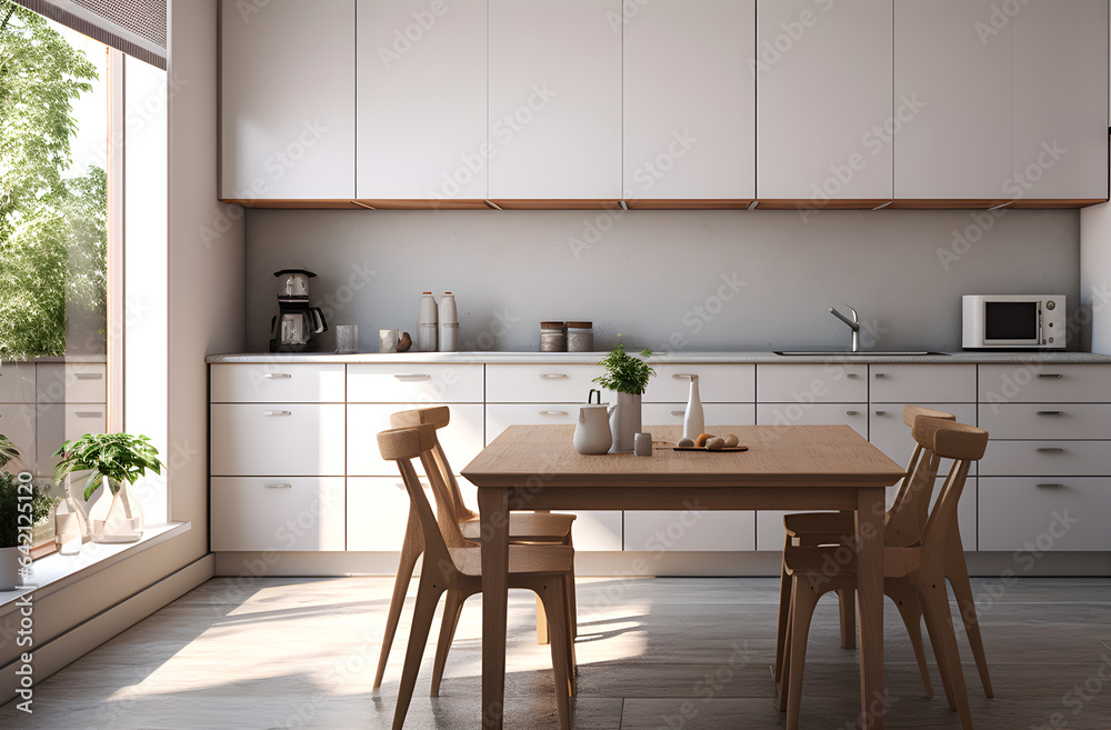 A kitchen room with white cabinets and a dining table, modern concept, 3d render.