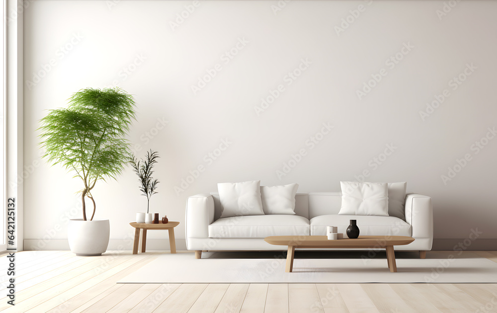Minimal modern living room interior mockup with white sofa, wood table, 3d render Minimal modern living room interior mockup with white sofa, wood table, 3d render