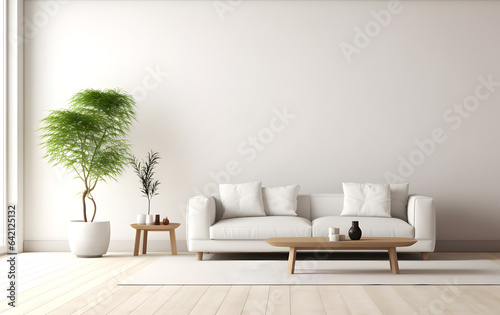 Minimal modern living room interior mockup with white sofa, wood table, 3d render