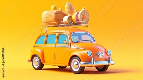 Retro car with surfboard, suitcases and palms, Summer vacation concept, generative ai