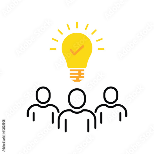 outline staff icon with yellow bulb like insight. concept of aha moment skill or development service. flat cartoon trend smart people meeting logotype graphic design web element isolated on white