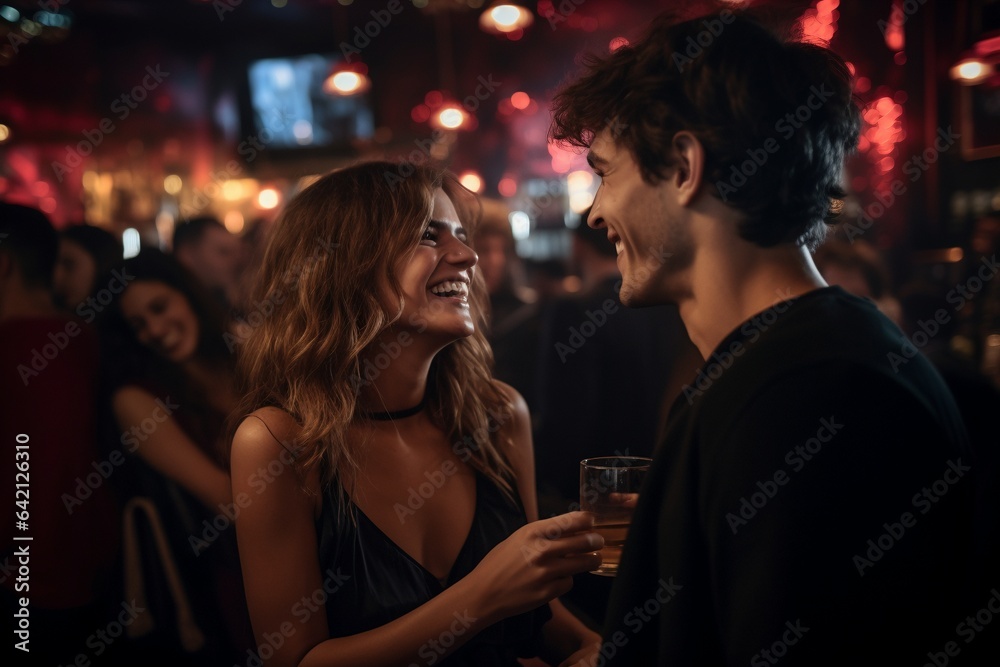 couple in love laughing and smiling in nightclub