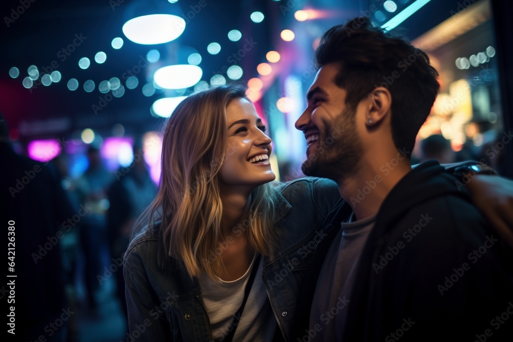 male and female in love smiling and happy in club