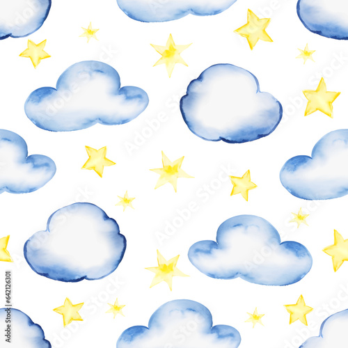 Watercolor sky clouds and stars kids nursery watercolor seamless pattern