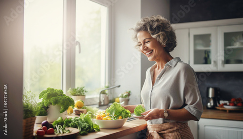 Happy middle-aged woman preparing a meal in the kitchen photo