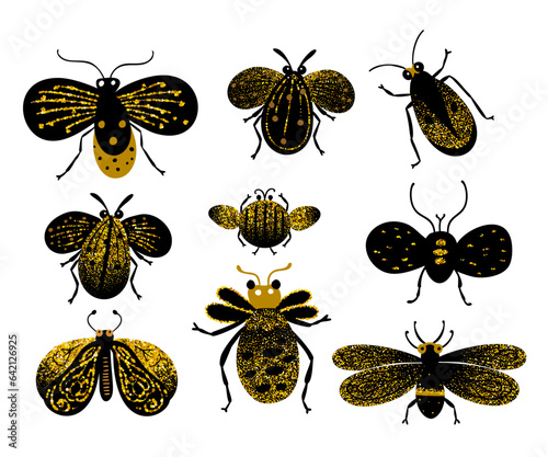 Cute doodle bugs and moth vector black and gold illustration. Cartoon kids summer collection childish characters insect set