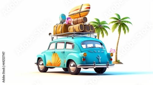 Retro car with surfboard, suitcases and palms, Summer vacation concept, generative ai