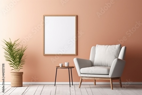 minimalistic lounge setting with empty photo frame on wall for mock up