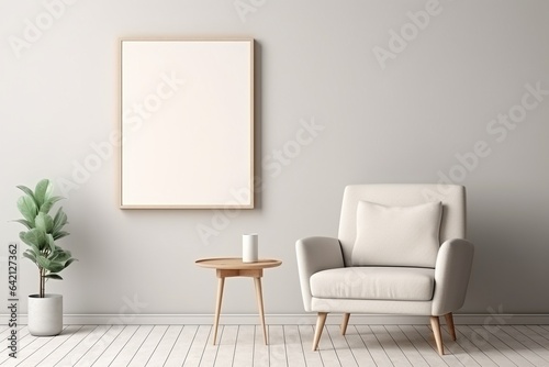 minimalistic lounge setting with empty photo frame on wall for mock up