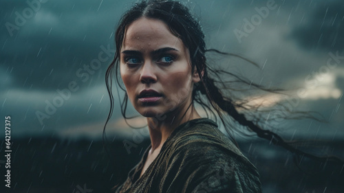 Portrait of an emotional young woman, horror film movie still. Confronted by challenging circumstances during a torrential rain storm.