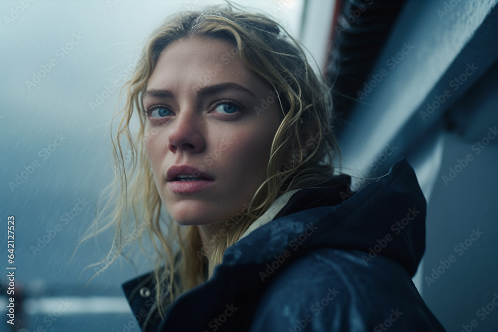 Portrait of an emotional young woman, in the style of a horror film movie still. Confronted by challenging circumstances during a torrential rain storm. Portrait of an emotional young woman, in the style of a horror film movie still. Confronted by challenging circumstances during a torrential rain storm.