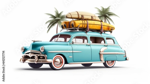 Retro car with surfboard, suitcases and palms, Summer vacation concept, generative ai © Deep Ai Generation