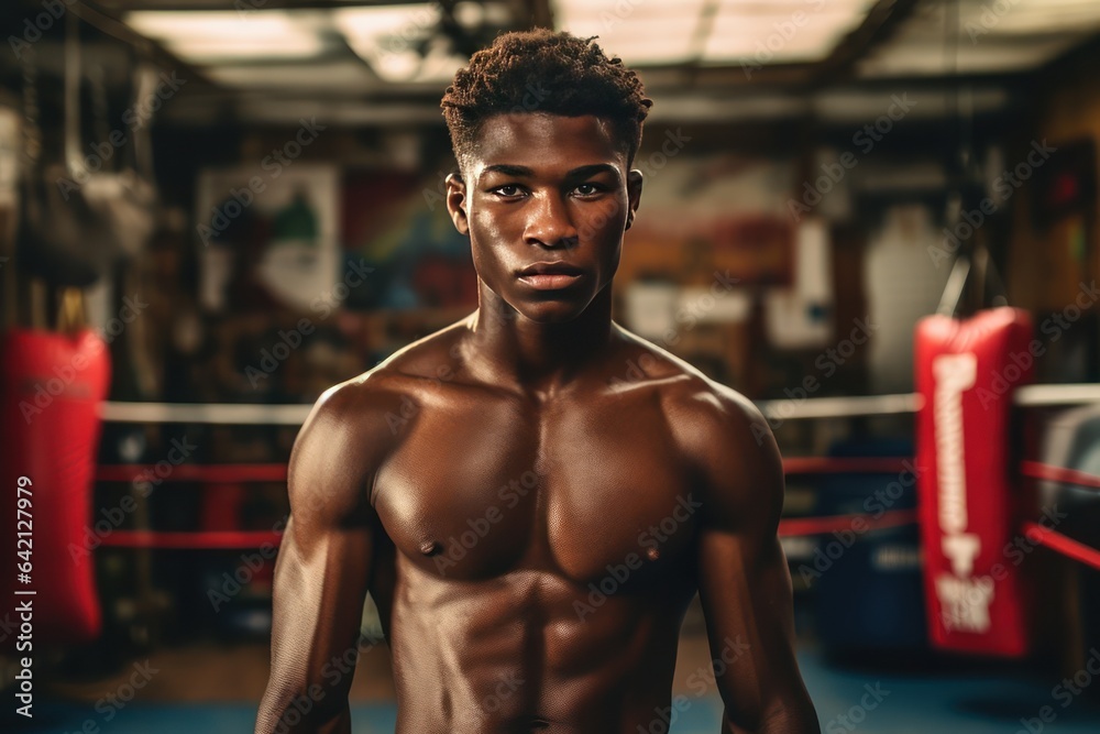 Combat sport as a method of hardening the body and character. Young African American boxer in the gym. He looking at camera. Combat sport as a method of hardening the body and character. Young African American boxer in the gym. He looking at camera.